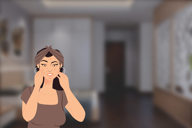 鏡を見てニキビに悩む女性