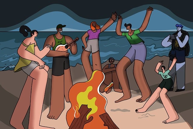 夜空の下、LEDソーラーランタンの光に包まれて楽しむ人々