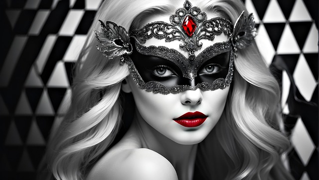 シートマスクを使用して笑顔で鏡を見ている女性