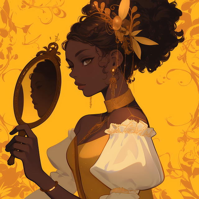 美顔器でケアをして、笑顔で鏡を見る女性のイメージ