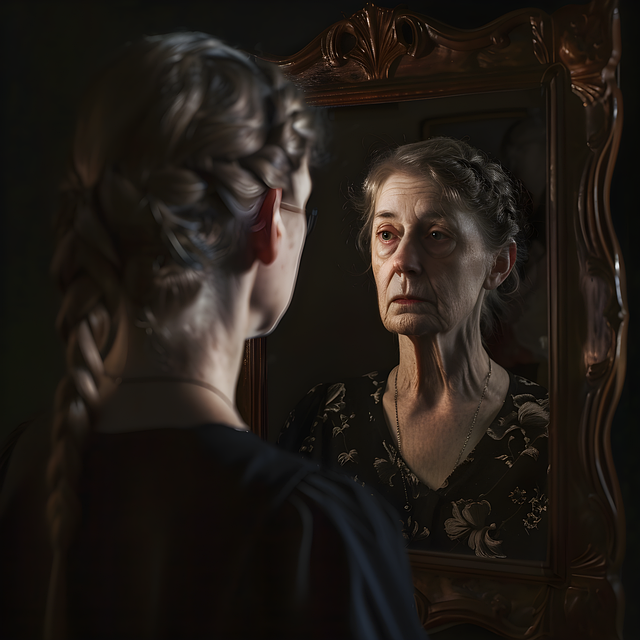 鏡を見てシワに悩む女性の顔のクローズアップ