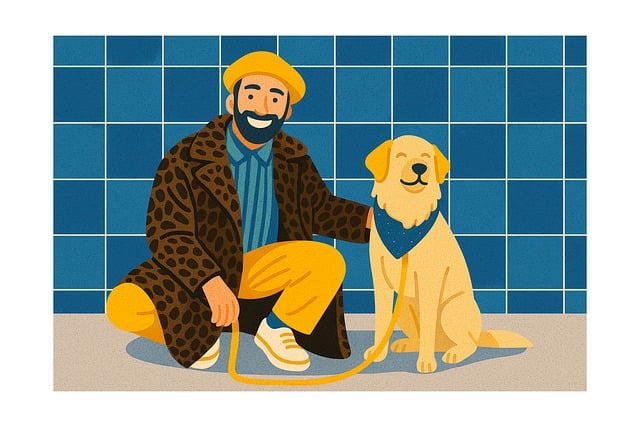 愛犬と飼い主が笑顔で散歩している様子